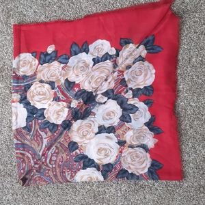 PRISTINE Vintage Challis Red w/White Floral  Paisley Print Large Scarf